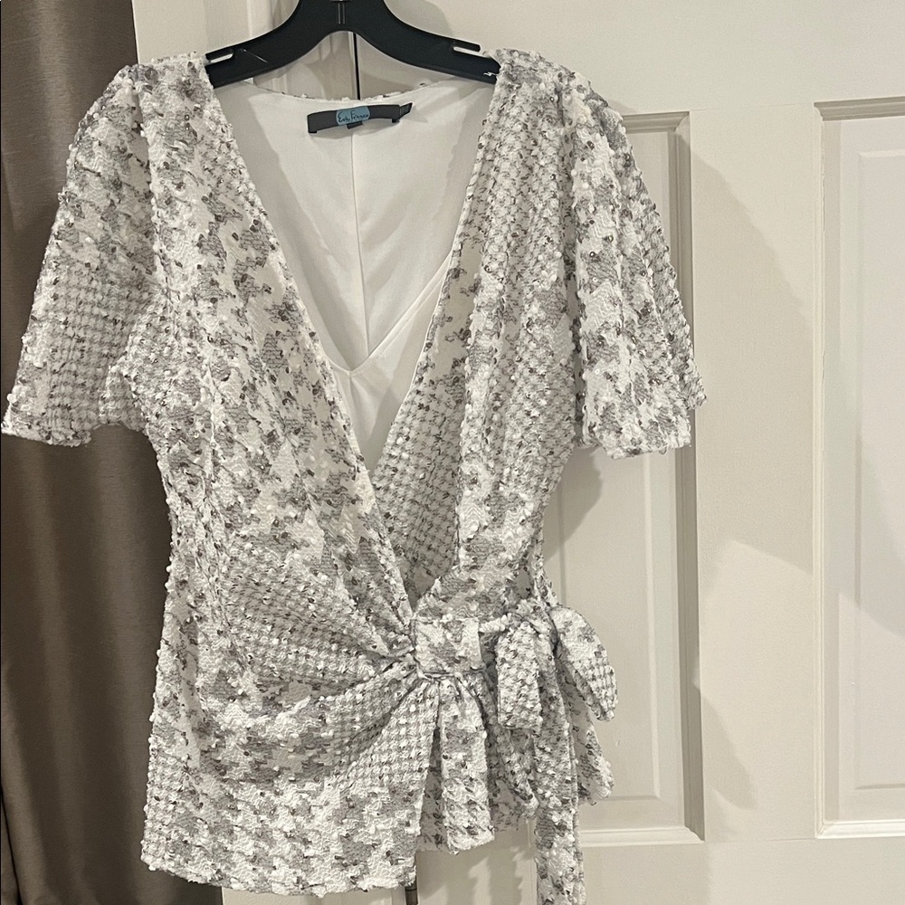 Eva Franco White and Silver Textured Wrap Top with Tie